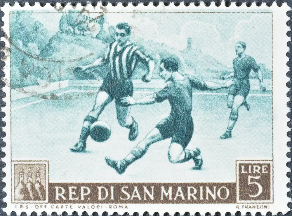 Timbre de Saint-Marin avec des footballeurs vers 1953